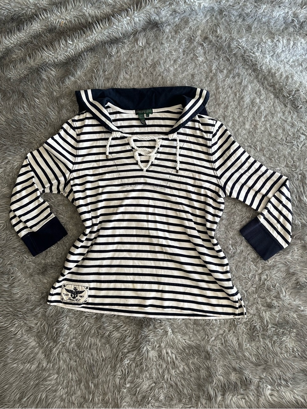 Ralph Lauren Navy and White Striped Sailor Hoodie Top